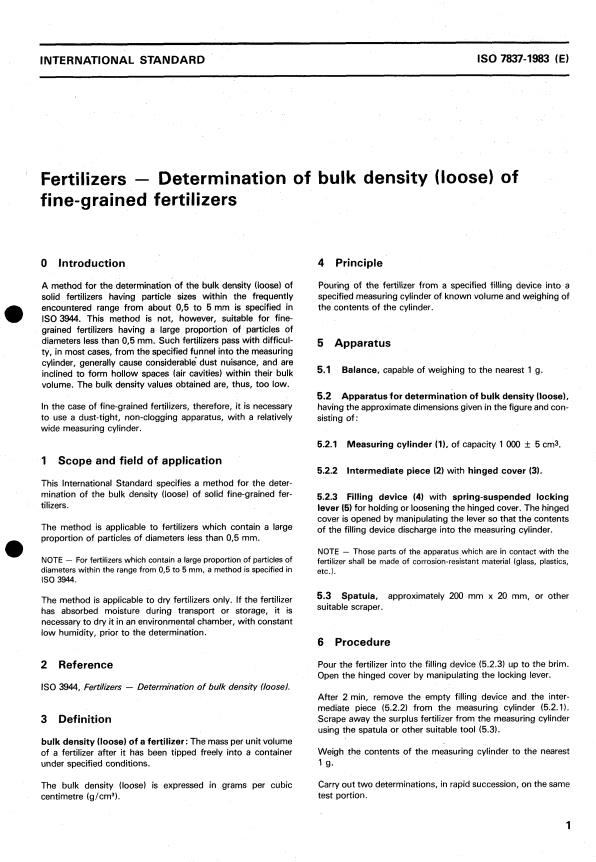 ISO 7837:1983 - Fertilizers -- Determination of bulk density (loose) of fine-grained fertilizers