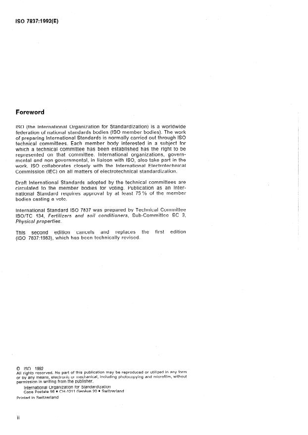 ISO 7837:1992 ISO 7837:1992 - Fertilizers -- Determination of bulk density (loose) of fine-grained fertilizers - Page 2 preview