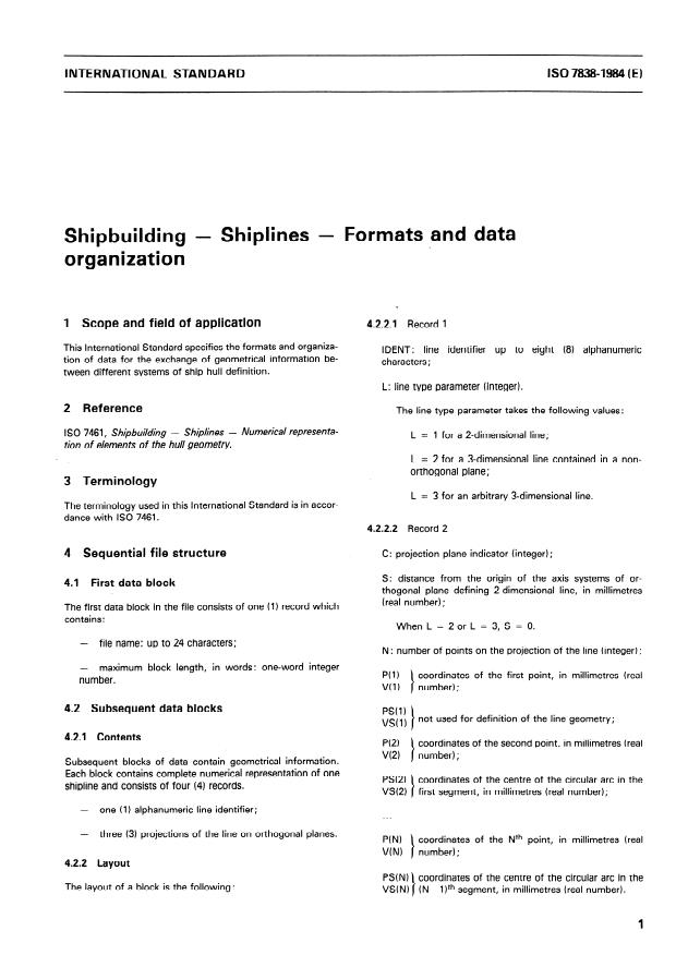 ISO 7838:1984 - Shipbuilding -- Shiplines -- Formats and data organization