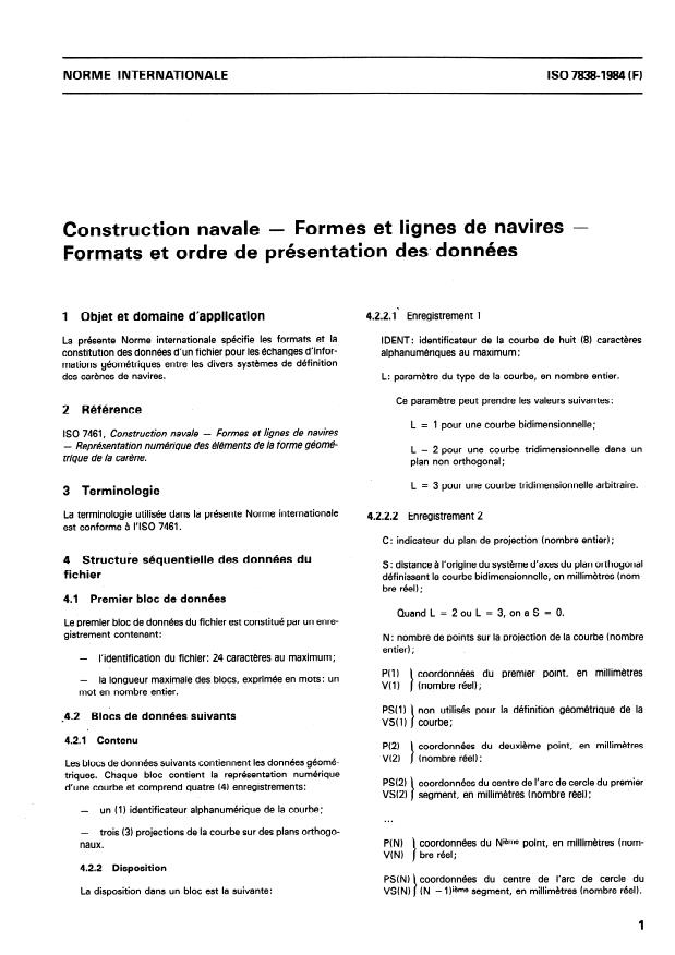 ISO 7838:1984 - Construction navale -- Formes et lignes de navires -- Formats et ordre de présentation des données