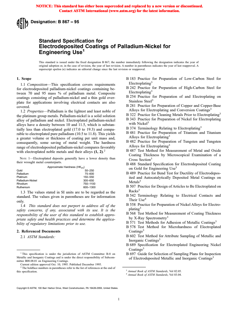 ASTM B867-95 - Standard Specification for Electrodeposited Coatings of Palladium-Nickel for Engineering Use