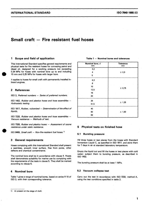 ISO 7840:1985 - Small craft -- Fire resistant fuel hoses