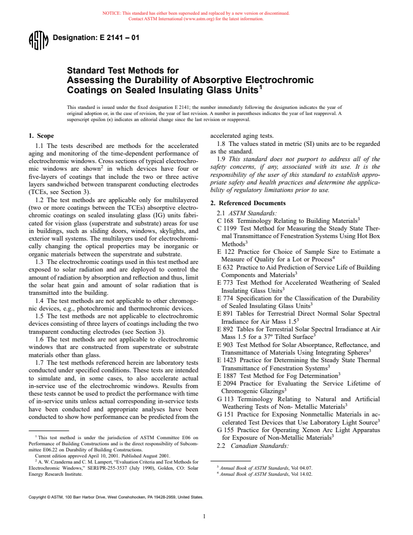 ASTM E2141-01 - Standard Test Methods for Assessing the Durability of Absorptive Electrochromic Coatings on Sealed Insulating Glass Units