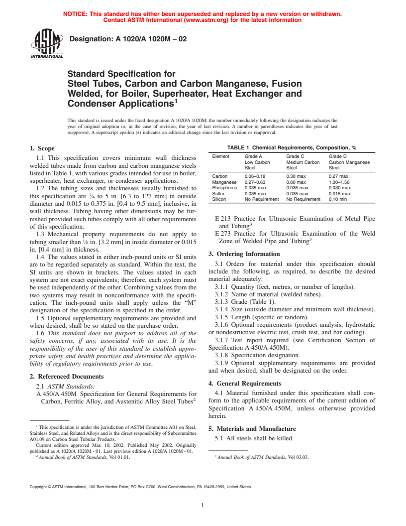 ASTM A1020/A1020M-02 - Standard Specification for Steel Tubes, Carbon and Carbon Manganese, Fusion Welded, for Boiler, Superheater, Heat Exchanger and Condenser Applications