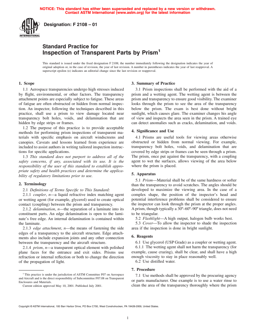 ASTM F2108-01 - Standard Practice for Inspection of Transparent Parts by Prism