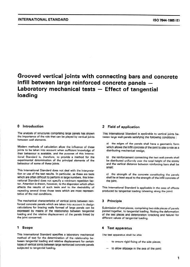ISO 7844:1985 - Grooved vertical joints with connecting bars and concrete infill between large reinforced concrete panels -- Laboratory mechanical tests -- Effect of tangential loading