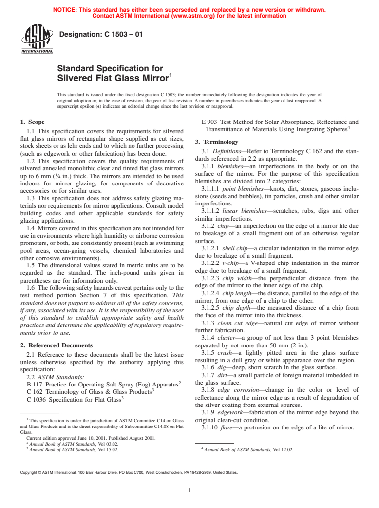 ASTM C1503-01 - Standard Specification for Silvered Flat Glass Mirror