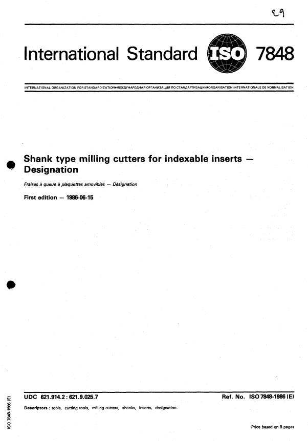 ISO 7848:1986 - Shank type milling cutters for indexable inserts -- Designation