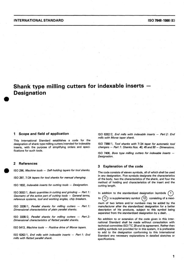 ISO 7848:1986 - Shank type milling cutters for indexable inserts -- Designation