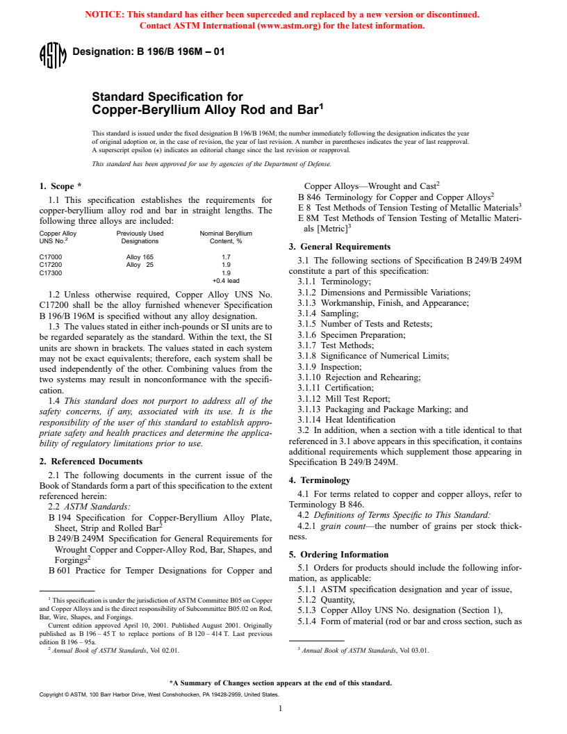 ASTM B196/B196M-01 - Standard Specification for Copper-Beryllium Alloy Rod and Bar