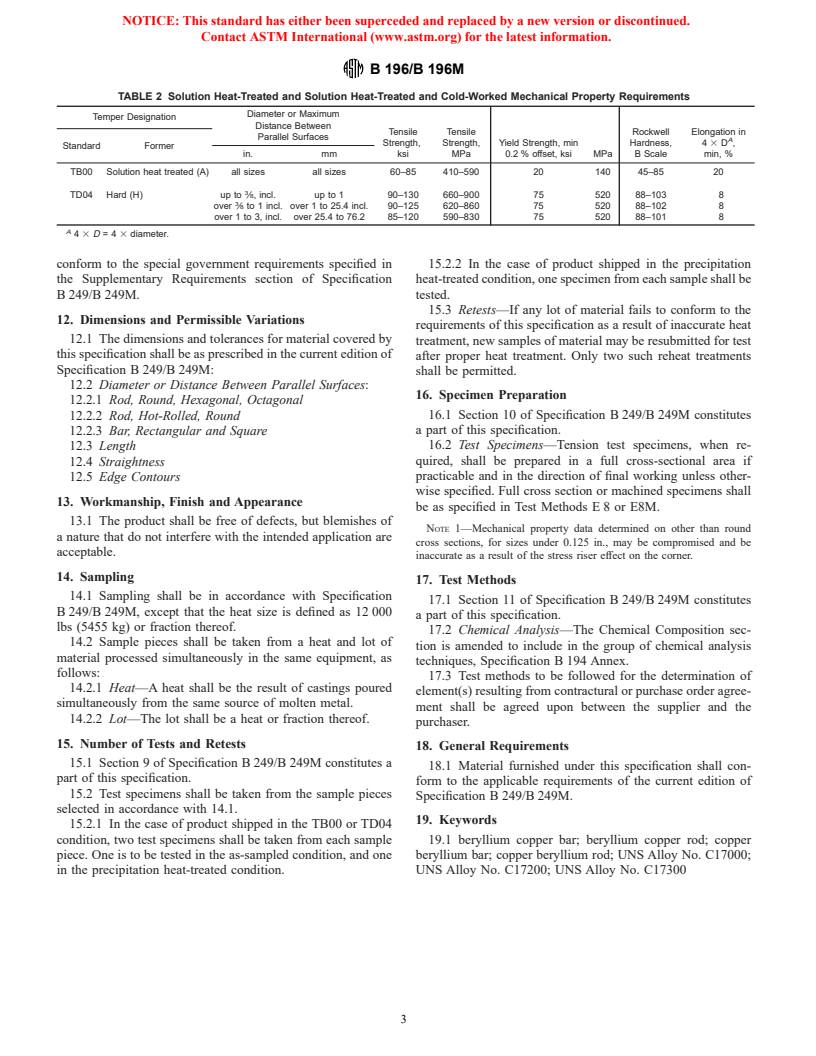 ASTM B196/B196M-01 - Standard Specification for Copper-Beryllium Alloy Rod and Bar