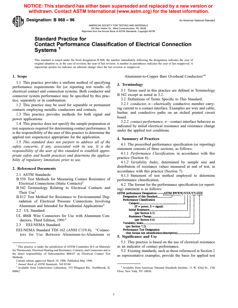 ASTM B868-96 - Standard Practice for Contact Performance Classification of Electrical Connection Systems