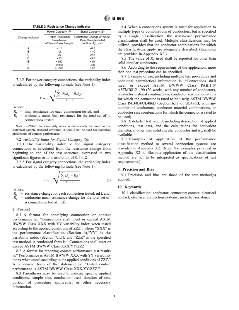 ASTM B868-96 - Standard Practice for Contact Performance Classification of Electrical Connection Systems