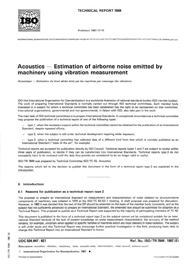 ISO/TR 7849:1987 - Acoustics -- Estimation of airborne noise emitted by machinery using vibration measurement