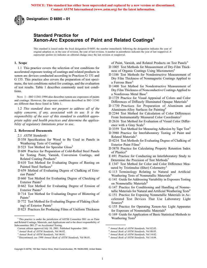 ASTM D6695-01 - Standard Practice for Xenon-Arc Exposures of Paint and Related Coatings