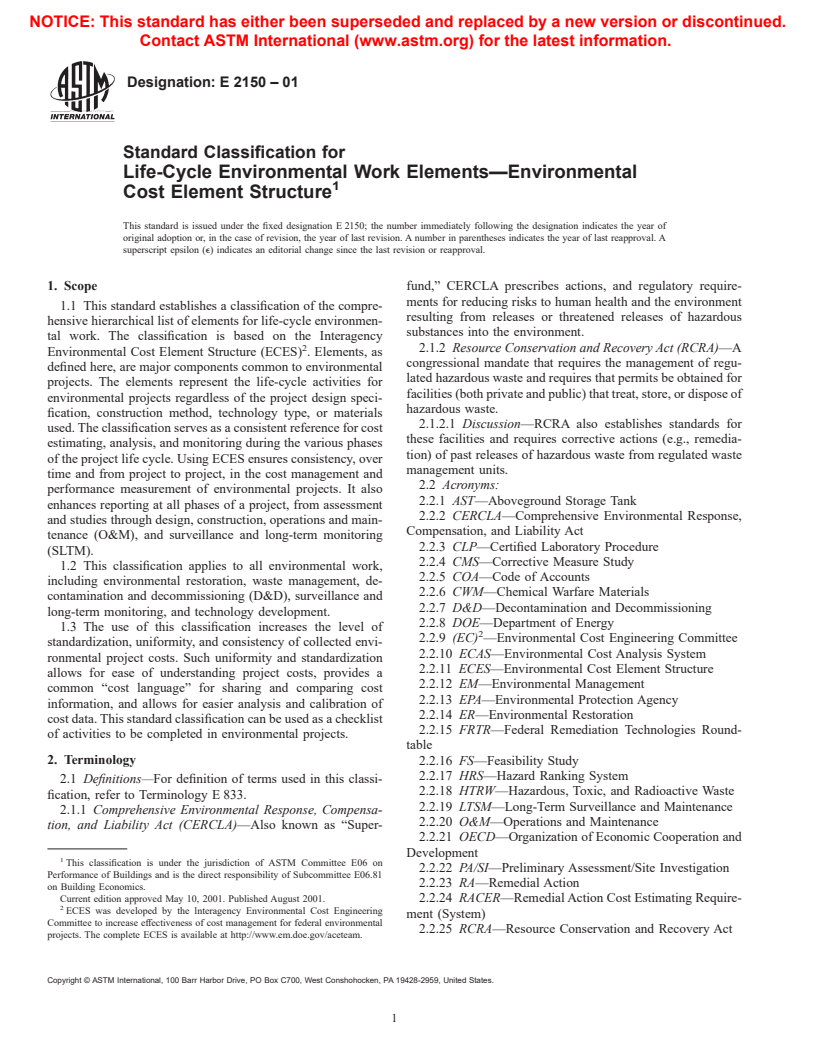 ASTM E2150-01 - Standard Classification for Life-Cycle Environmental Work Elements-Environmental Cost Element Structure