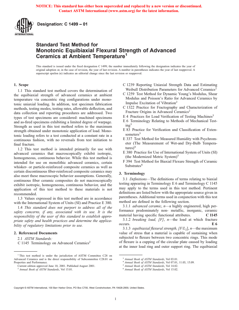 ASTM C1499-01 - Standard Test Method for Monotonic Equibiaxial Flexural Strength of Advanced Ceramics at Ambient Temperature