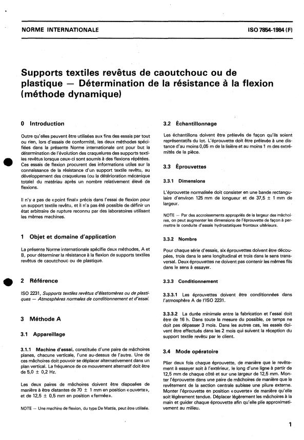 ISO 7854:1984 - Supports textiles revetus de caoutchouc ou de plastique -- Détermination de la résistance a la flexion (méthode dynamique)