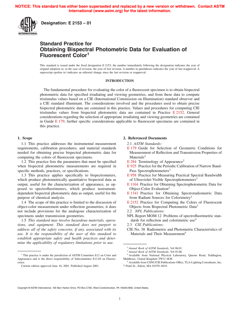 ASTM E2153-01 - Standard Practice for Obtaining Bispectral Photometric Data for Evaluation of Fluorescent Color