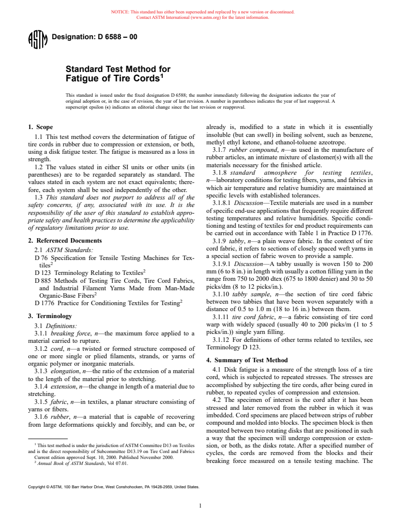 ASTM D6588-00 - Standard Test Method for Fatigue of Tire Cords