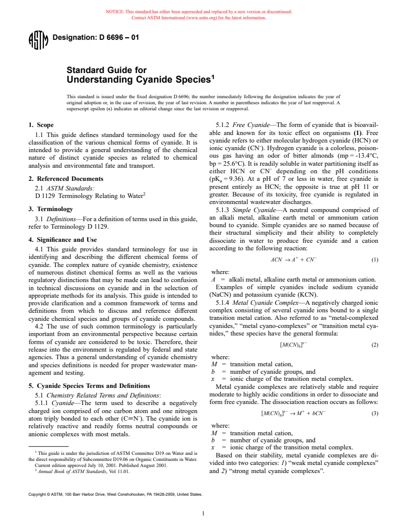ASTM D6696-01 - Standard Guide for Understanding Cyanide Species