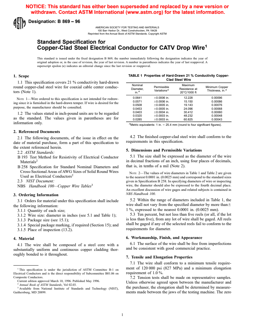 ASTM B869-96 - Standard Specification for Copper-Clad Steel Electrical Conductor for CATV Drop Wire