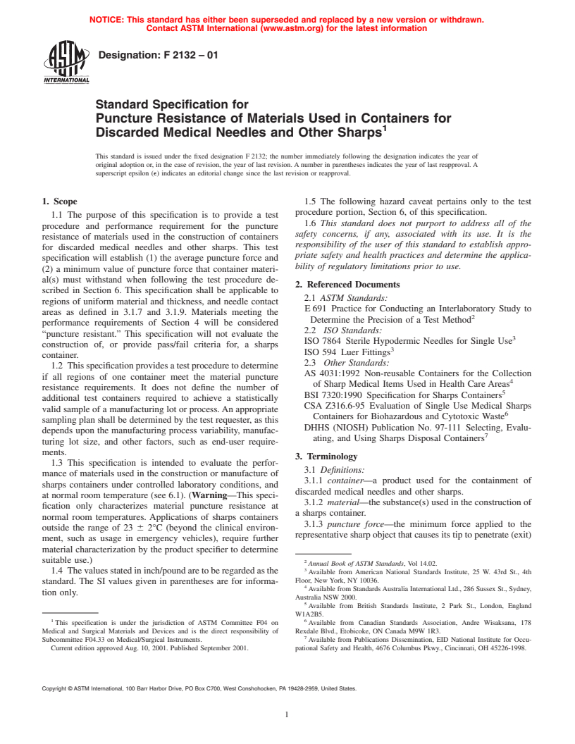 ASTM F2132-01 - Standard Specification for Puncture Resistance of Materials Used in Containers for Discarded Medical Needles and Other Sharps