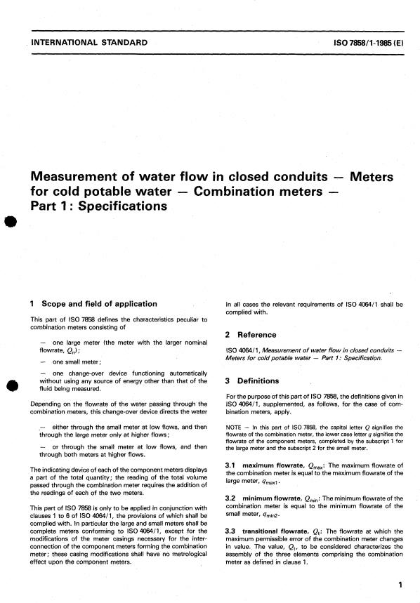 ISO 7858-1:1985 - Measurement of water flow in closed conduits -- Meters for cold potable water -- Combination meters