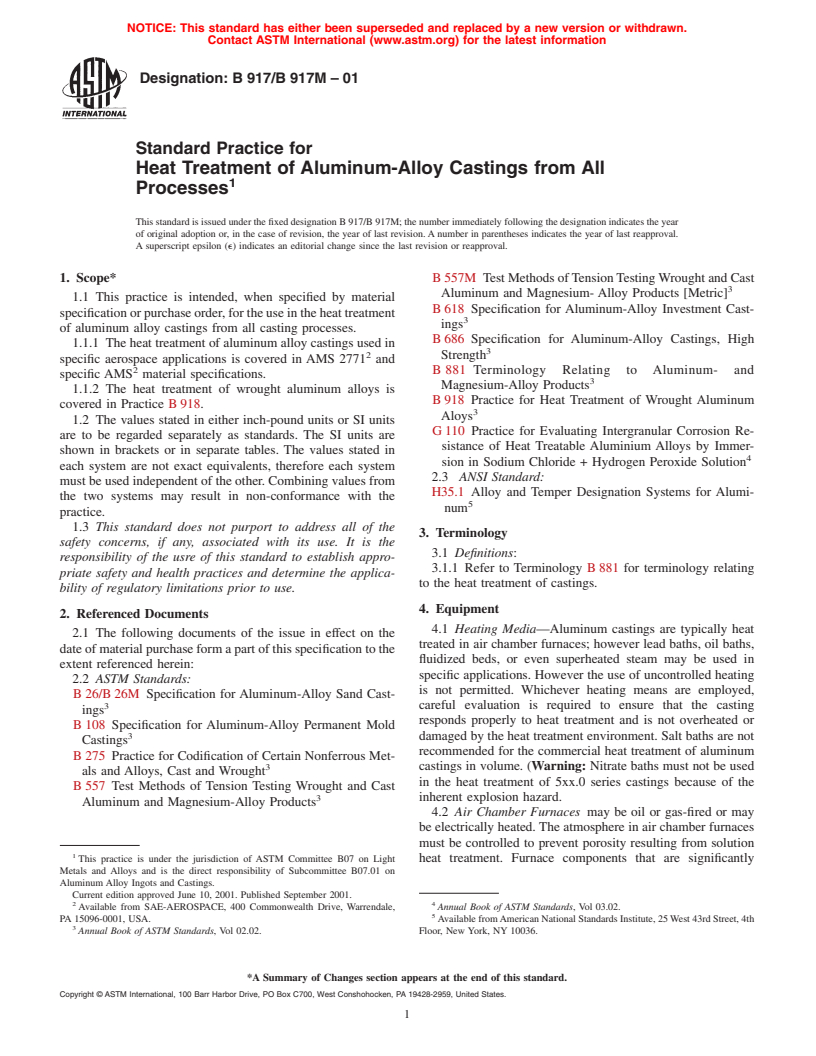 ASTM B917/B917M-01 - Standard Practice for Heat Treatment of Aluminum-Alloy Castings from All Processes