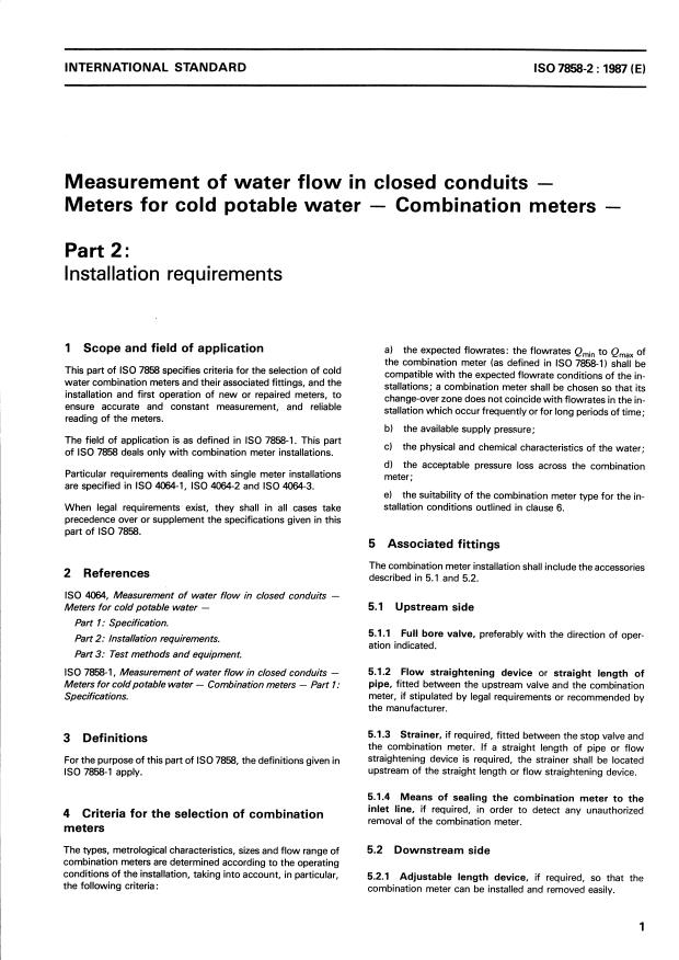ISO 7858-2:1987 - Measurement of water flow in closed conduits -- Meters for cold potable water -- Combination meters