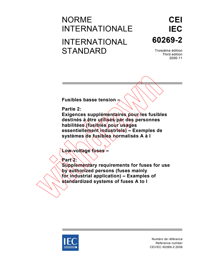 IEC 60269-2:2006 - Low-voltage fuses - Part 2: Supplementary requirements for fuses for use by authorized persons (fuses mainly for industrial application) - Examples of standardized systems of fuses A to I
Released:11/30/2006
Isbn:2831888611