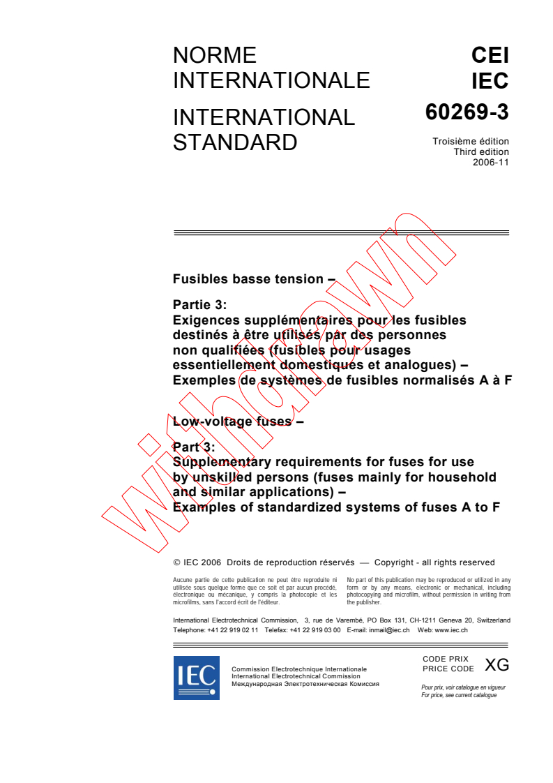 IEC 60269-3:2006 - Low-voltage fuses - Part 3: Supplementary requirements for fuses for use by unskilled persons (fuses mainly for household and similar applications) - Examples of standardized systems of fuses A to F
Released:11/30/2006
Isbn:2831888603