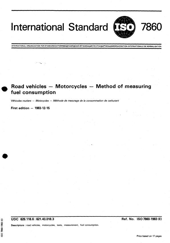 ISO 7860:1983 - Road vehicles -- Motorcycles -- Method of measuring fuel consumption