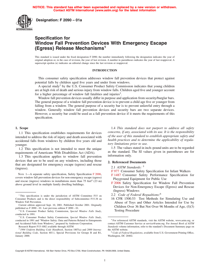 ASTM F2090-01a - Specification for Window Fall Prevention Devices With Emergency Escape (Egress) Release Mechanisms