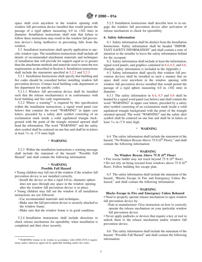 ASTM F2090-01a - Specification for Window Fall Prevention Devices With Emergency Escape (Egress) Release Mechanisms