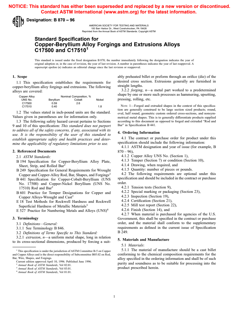 ASTM B870-96 - Standard Specification for Copper-Beryllium Alloy Forgings and Extrusions Alloys C17500 and C17510