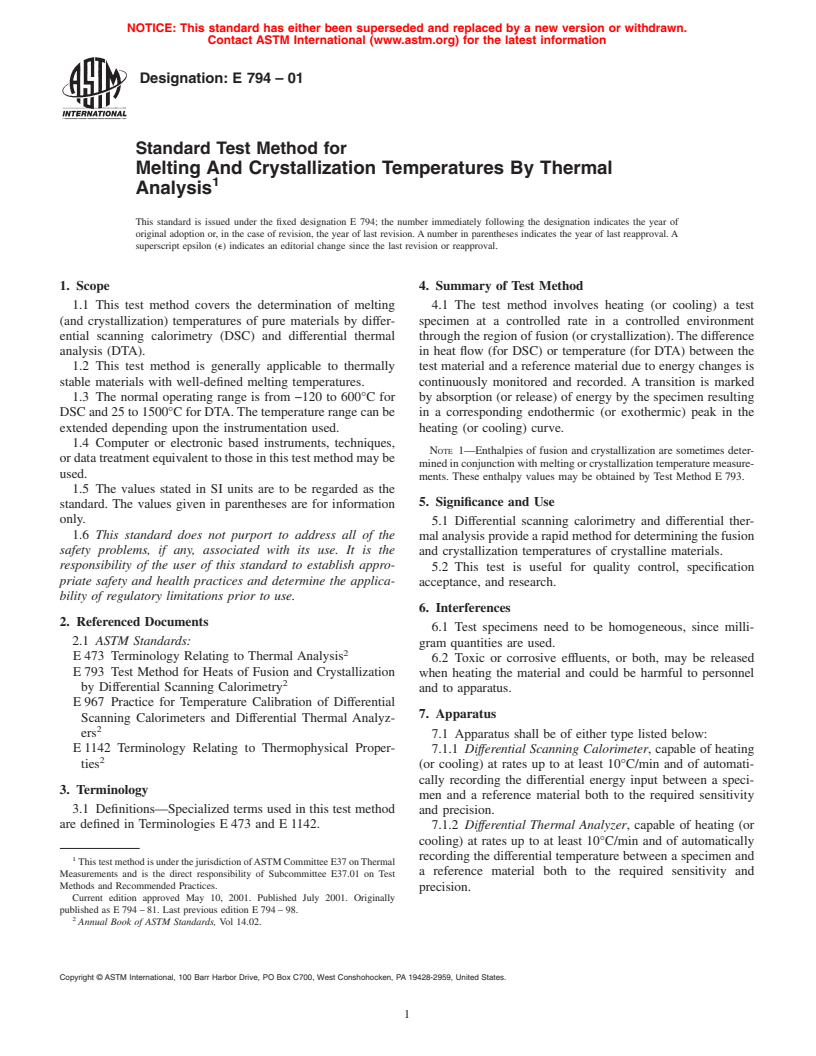 ASTM E794-01 - Standard Test Method for Melting and Crystallization Temperatures by Thermal Analysis