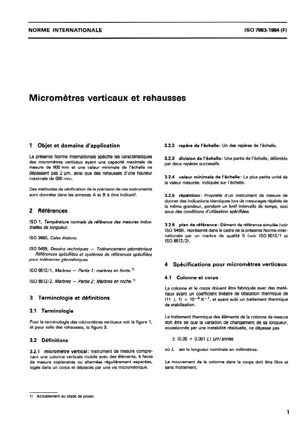 ISO 7863:1984 - Micrometres verticaux et rehausses