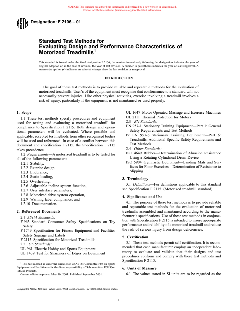 ASTM F2106-01 - Standard Test Methods for Evaluating Design and Performance Characteristics of Motorized Treadmills