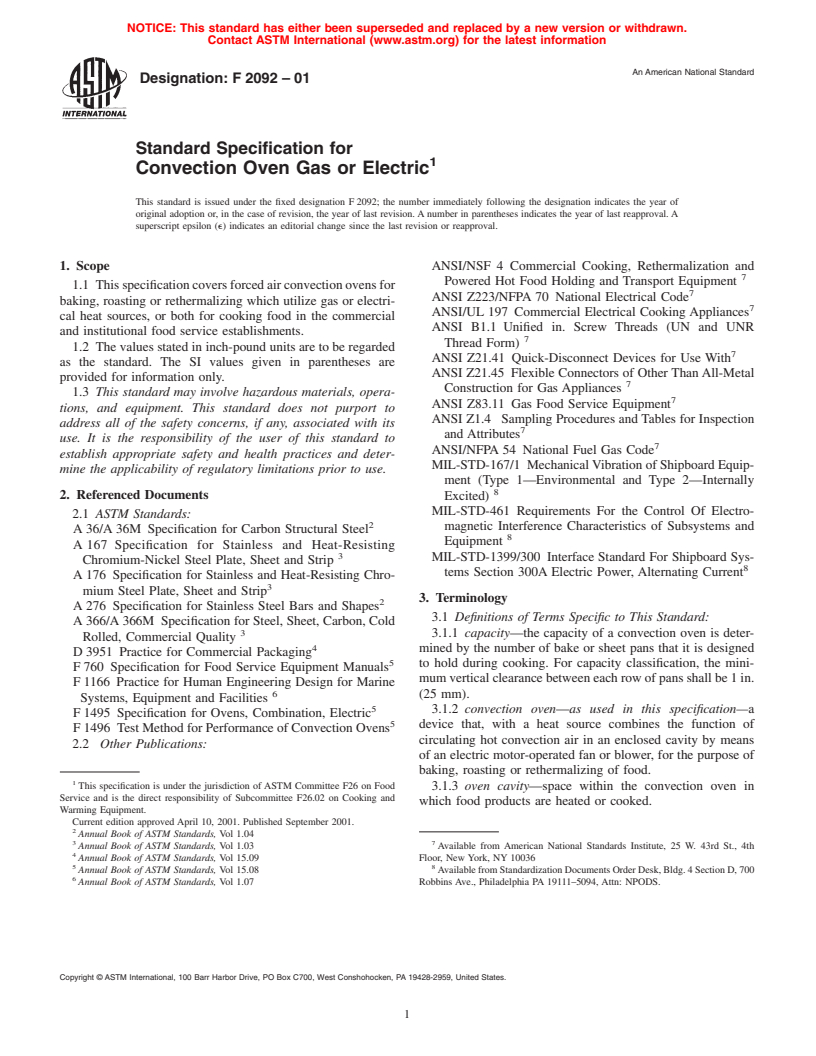 ASTM F2092-01 - Standard Specification for Convection Oven Gas or Electric