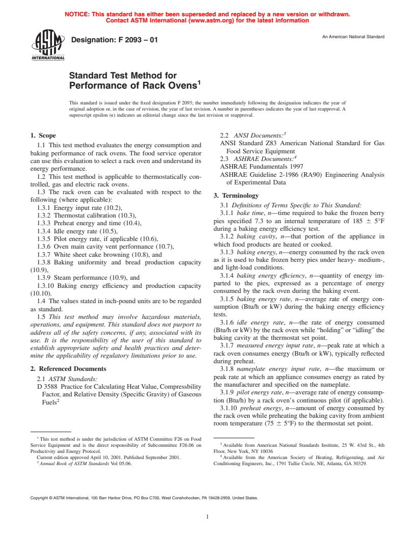 ASTM F2093-01 - Standard Test Method for Performance of Rack Ovens