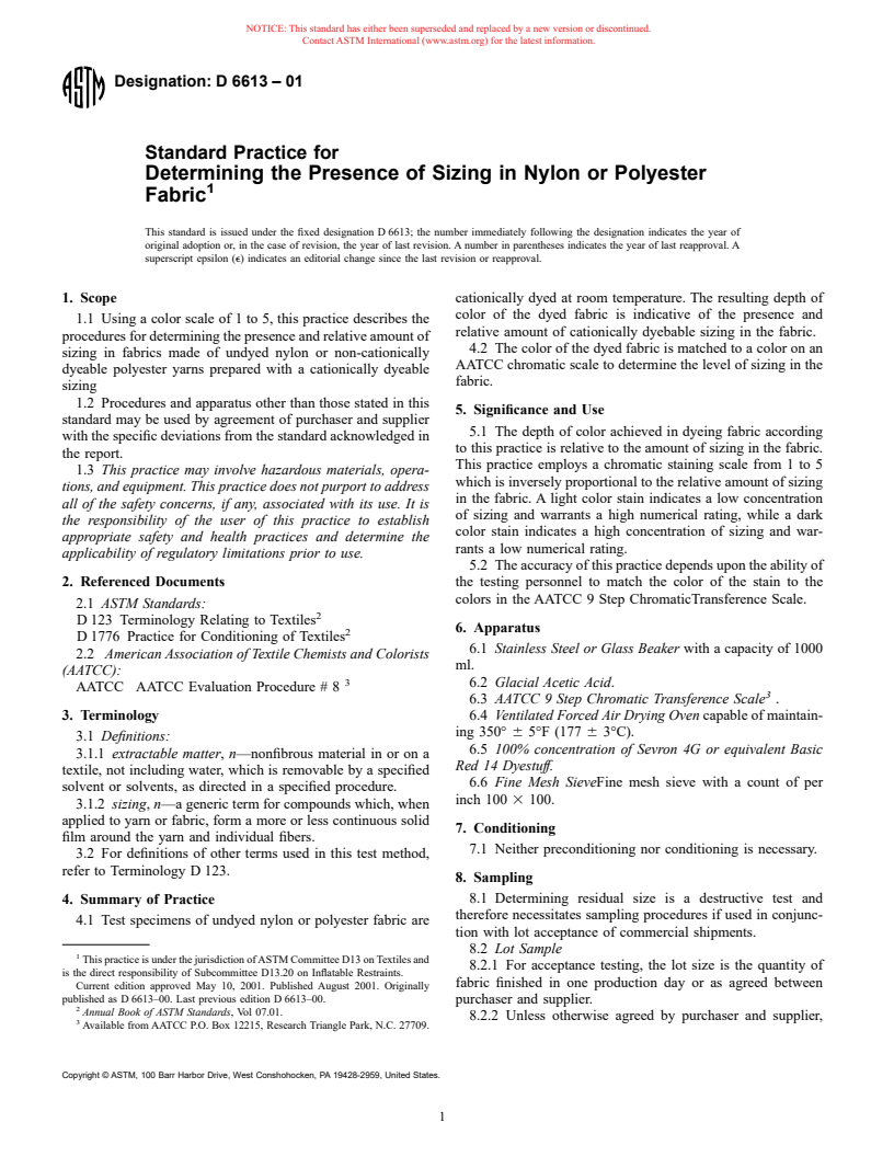 ASTM D6613-01 - Standard Practice for Determining the Presence of Sizing in Nylon or Polyester Fabric