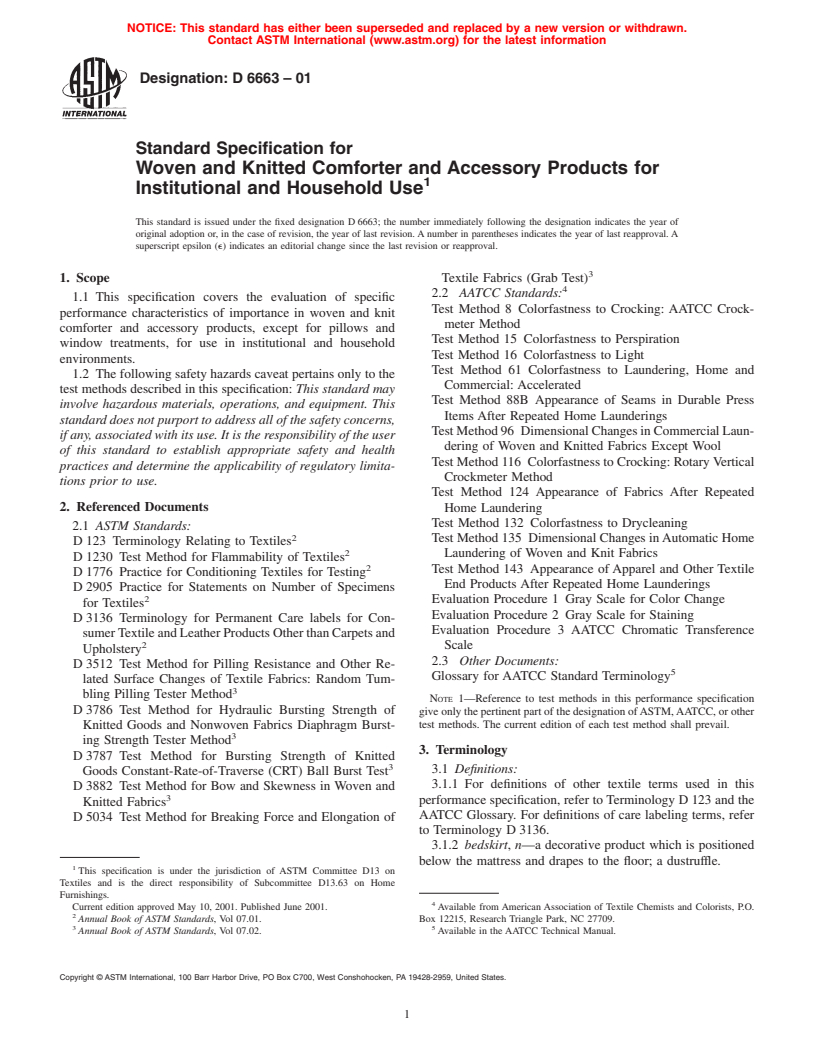 ASTM D6663-01 - Standard Specification for Woven and Knitted Comforter and Accessory Products for Institutional and Household Use