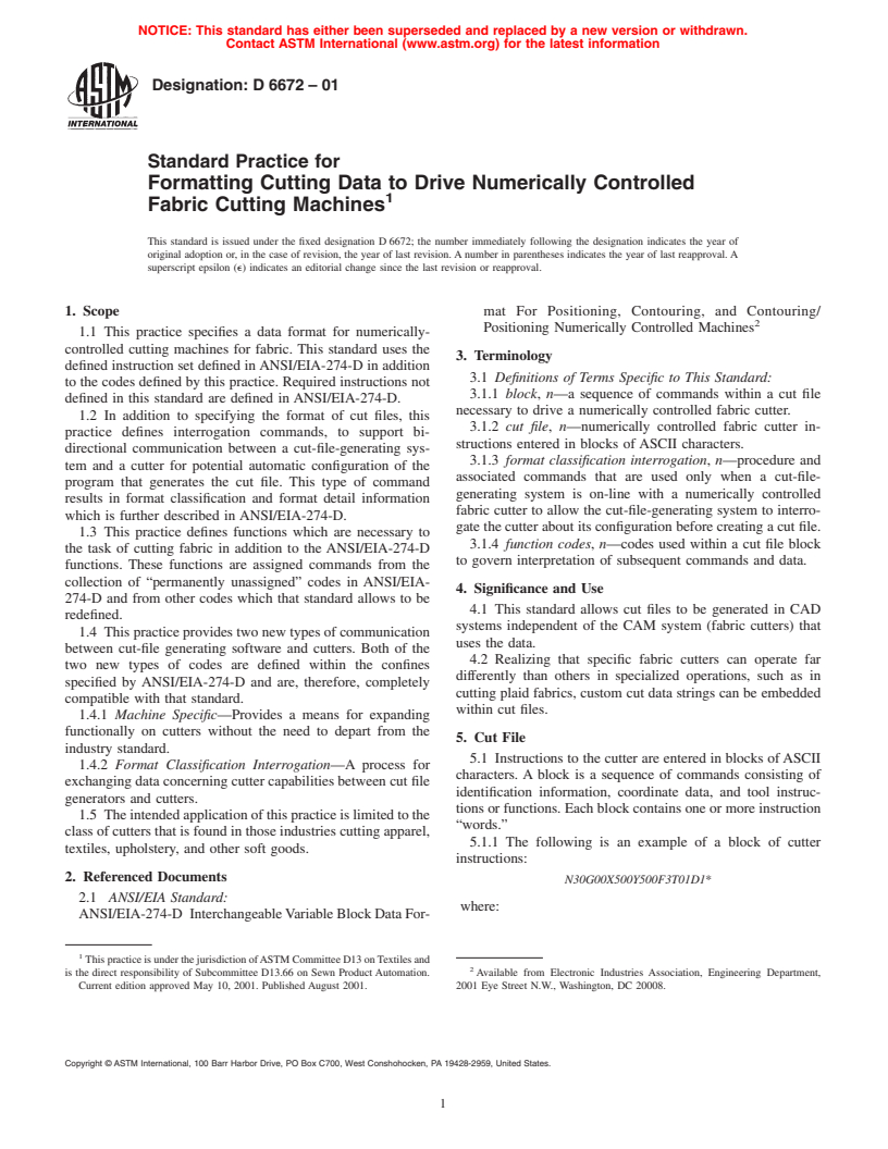 ASTM D6672-01 - Standard Practice for Formatting Cutting Data to Drive Numerically Controlled Fabric Cutting Machines