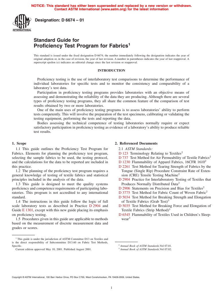 ASTM D6674-01 - Standard Guide for Proficiency Test Program for Fabrics