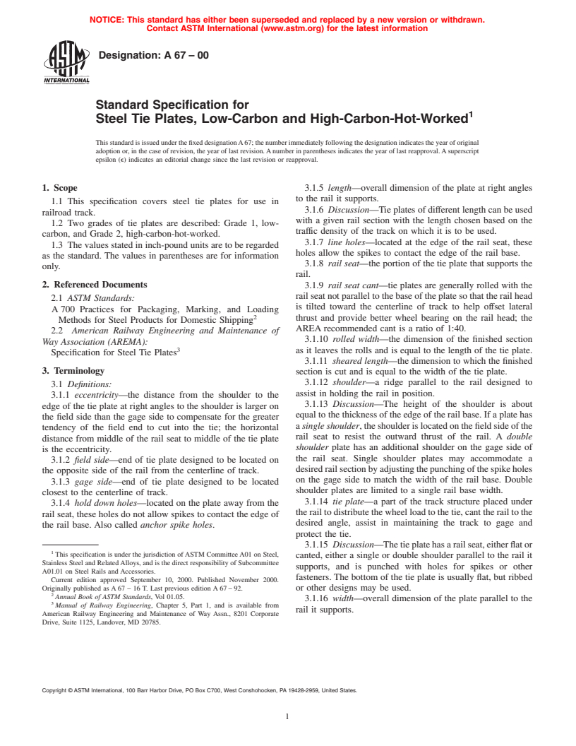 ASTM A67-00 - Standard Specification for Steel Tie Plates, Low-Carbon and High-Carbon Hot-Worked