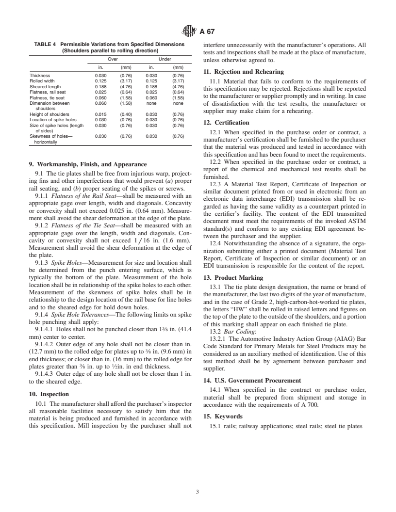 ASTM A67-00 - Standard Specification for Steel Tie Plates, Low-Carbon and High-Carbon Hot-Worked