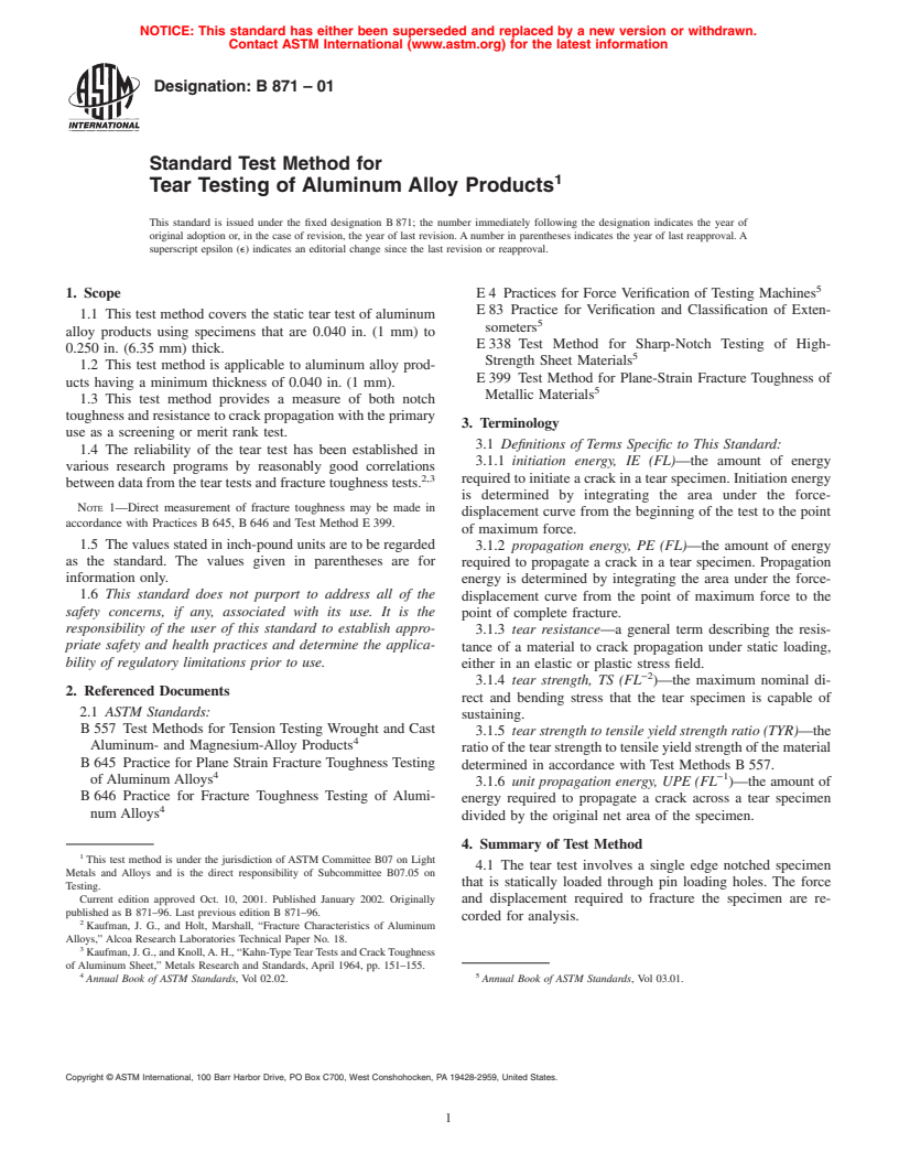 ASTM B871-01 - Standard Test Method for Tear Testing of Aluminum Alloy Products