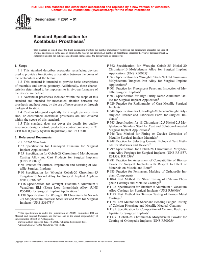 ASTM F2091-01 - Standard Specification for Acetabular Prostheses