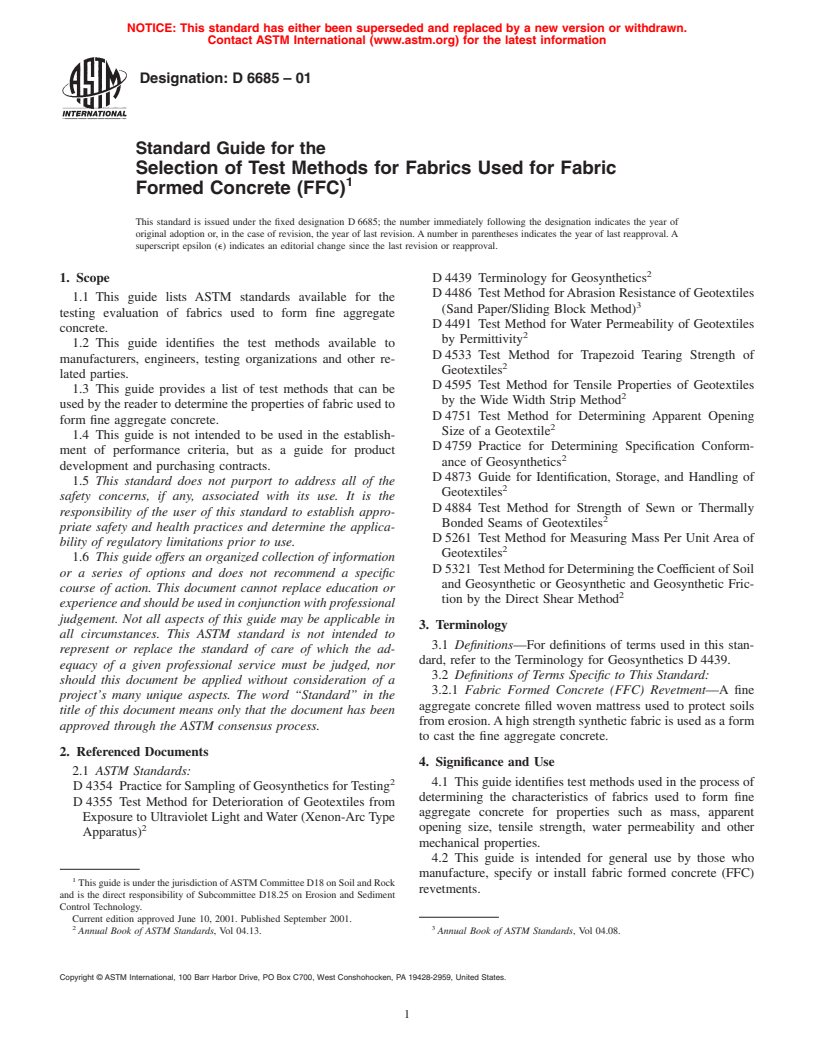 ASTM D6685-01 - Standard Guide for the Selection of Test Methods for Fabrics Used for Fabric Formed Concrete